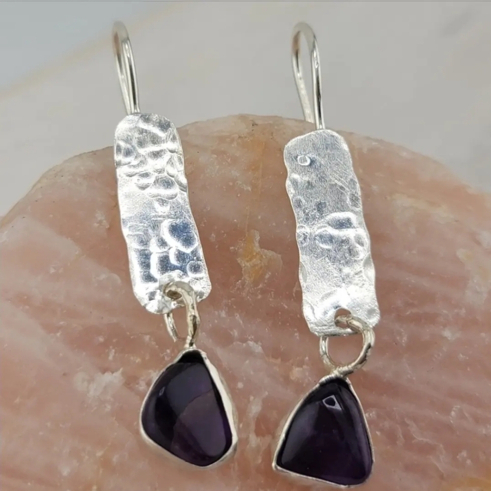 AMETHYST DANGLING EARRING HANDMADE IN STERLING SILVER METAL - Picture 2 of 5